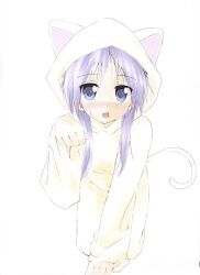  1girl animal_costume animal_ears animal_hood arm_support averting_eyes blue_eyes blush cat_costume cat_ears cat_hood cat_tail clenched_hands commentary cosplay embarrassed fake_animal_ears fake_tail full_body hand_up highres hiiragi_kagami hood hood_up kigurumi long_hair looking_to_the_side lucky_star open_mouth paw_pose purple_hair shiki_59 simple_background solo sweat symbol-only_commentary tail white_background 