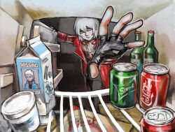  2boys absurdres alcohol beer beer_bottle black_gloves black_pants blue_coat blue_eyes can closed_mouth coat commentary dante_(devil_may_cry) devil_may_cry_(series) devil_may_cry_3 drink_can english_commentary fingerless_gloves from_inside gem gloves hair_behind_ear hair_between_eyes highres jewelry long_sleeves milk_carton multiple_boys necklace outstretched_arm outstretched_hand pants pizza_box reaching red_coat red_gemstone refrigerator snoozaga soda soda_can solo_focus unzipped vergil_(devil_may_cry) white_hair 