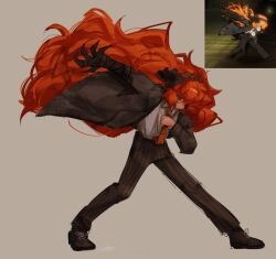  1girl arm_up bandaged_arm bandages black_bow bow brown_footwear bygone_days_(e.g.o) claws closed_mouth coat collared_shirt e.g.o_(project_moon) formal freckles full_body hair_bow hair_flowing_over hairband highres holding ishmael_(project_moon) jacket jewelry limbus_company locket long_hair long_sleeves necktie one_eye_covered orange_hair orange_necktie pants pendant photo-referenced project_moon shirt sidelocks simple_background sinmllk striped_clothes striped_jacket striped_pants very_long_hair white_shirt 