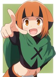  1girl :d black_hair black_shirt blunt_bangs blush border curakuru gardenia_(pokemon) green_background green_poncho hand_on_own_hip highres long_sleeves looking_at_viewer midriff multicolored_hair navel open_mouth orange_eyes orange_hair outside_border pointing pointing_at_viewer pokemon pokemon_dppt poncho shirt short_hair smile solo two-tone_hair upper_body white_border 