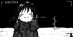  1girl :d arms_at_sides blush breath chito_(shoujo_shuumatsu_ryokou) closed_eyes facing_viewer fake_screenshot greyscale highres hood hood_down hooded_jacket horizon jacket long_bangs long_hair monochrome open_mouth outdoors shoujo_shuumatsu_ryokou sidelocks smile solo spiral_staircase stairs stuffing_scone timestamp upper_body viewfinder 