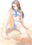  1girl bare_shoulders barefoot beach bikini blurry_foreground blush bow_hairband breasts brown_hair closed_mouth full_body hairband hand_in_hair idolmaster idolmaster_(classic) idolmaster_million_live! idolmaster_million_live!_theater_days long_hair looking_at_viewer midriff minase_iori miri_(ago550421) navel red_eyes sailor_swimsuit_(idolmaster) signature sitting sleeveless small_breasts soles solo swimsuit white_bikini 
