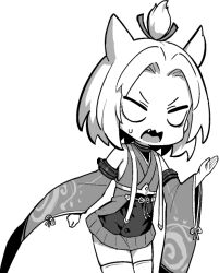  1girl azur_lane azur_lane:_slow_ahead chibi detached_sleeves fang greyscale hori_(hori_no_su) japanese_clothes kimono monochrome official_alternate_costume official_art open_mouth short_hair short_kimono shouhou_(azur_lane) shouhou_(retrofit)_(azur_lane) simple_background solo sweatdrop thigh-highs white_background white_hair white_thighhighs wide_sleeves 