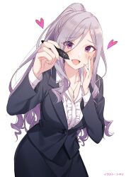  1girl artist_name black_jacket black_skirt blush commentary_request cowboy_shot grey_hair hand_on_own_cheek hand_on_own_face heart high_ponytail holding holding_pen jacket jewelry kageishi_sumire long_hair long_sleeves looking_at_viewer necklace official_art open_mouth pen second-party_source shirt simple_background skirt skirt_suit smile solo suit tomari_(veryberry00) tomodachi_no_imouto_ga_ore_ni_dake_uzai violet_eyes white_background white_shirt 