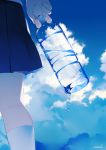  1girl achiki blue_skirt blue_sky blue_theme bottle close-up clouds cloudy_sky holding holding_bottle kneehighs lower_body original pleated_skirt scenery signature skirt sky solo transparent water water_bottle water_drop white_legwear 