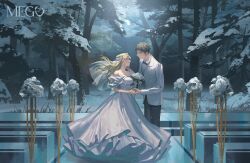  1boy 1girl artist_name black_bow black_bowtie black_hair black_pants blonde_hair bow bowtie closed_mouth dress expressionless eye_contact forest formal haikyuu!! hand_on_another's_face hetero highres holding_hands light_particles long_sleeves looking_at_another medium_hair miya_osamu nature original outdoors pants sai_(zxc3348719) suit tree wedding wedding_dress white_dress white_suit wide_shot 