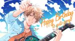  175x172nyrn 1boy argonavis_from_bang_dream! bang_dream! blue_eyes blue_jacket brown_hair character_name clouds goryou_yuuto guitar happy_birthday highres instrument jacket jewelry male_focus necklace orange_shirt plectrum shirt sky smile solo upper_body 