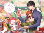  1boy 1girl belt black_hair blue_shirt blurry blurry_background bread brown_hair candy chips cup food green_jacket height_difference iji_(u_mayday) indoors jacket jewelry li_zeyan lollipop long_sleeves love_and_producer milk potato_chips protagonist_(love_and_producer) rabbit ring shirt shopping_cart spring_onion standing 