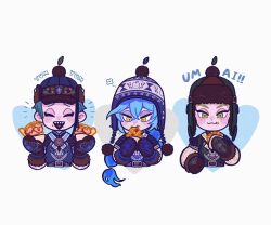  3boys beanie blue_hair commentary earflap_beanie eating fiery_hair food food_on_face green_eyes hat highres holding holding_food idia_shroud jade_leech long_hair male_focus mittens multiple_boys pie pom_pom_(clothes) pom_pom_beanie sebek_zigvolt sharp_teeth short_hair symbol-only_commentary tbr0009 teeth twisted_wonderland upper_body white_background yellow_eyes 