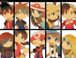  4girls 6+boys :d ;d asymmetrical_bangs baseball_cap black_eyes black_gloves black_hair blonde_hair blue_eyes blue_oak blue_shirt brendan_(pokemon) brown_hair collared_shirt commentary cue_stick emerald_(pokemon) ethan_(pokemon) fangs flat_chest gloves green_(pokemon) green_eyes grey_eyes hair_over_one_eye hat holding holding_cue_stick kris_(pokemon) long_hair looking_at_viewer may_(pokemon) multiple_boys multiple_girls one_eye_closed open_mouth pokemon pokemon_adventures porkpie_hat red_(pokemon) red_eyes red_skirt shirt shorts sidelocks signature silver_(pokemon) simple_background skirt sleeveless sleeveless_shirt smile straw_hat tokuura upper_body white_background yellow_(pokemon) yellow_shorts 