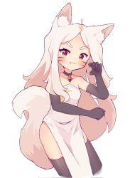  1girl :3 ahoge animal_ear_fluff animal_ears bare_shoulders black_choker black_gloves black_thighhighs blush choker claw_pose crescent_print dot_nose dress elbow_gloves facial_mark fang fox_ears fox_girl fox_tail gloves highres jewelry kazumiskill large_tail long_hair looking_at_viewer parted_hair pelvic_curtain red_eyes sewayaki_kitsune_no_senko-san shiro_(sewayaki_kitsune_no_senko-san) short_eyebrows sidelocks smug standing strapless strapless_dress tail thick_eyebrows thigh-highs v-shaped_eyebrows whisker_markings white_hair white_tail zettai_ryouiki 