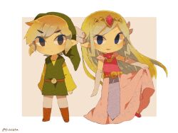  1boy 1girl artist_name back belt blonde_hair blue_eyes blush closed_mouth dress floating_hair gloves jewelry link long_dress long_hair looking_up multicolored_hair necklace open_mouth pink_dress pointy_ears princess_zelda simple_background skirt_hold the_legend_of_zelda the_legend_of_zelda:_spirit_tracks the_legend_of_zelda:_the_wind_waker tiara tokuura toon_link toon_zelda upper_body white_background 