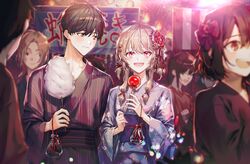  1boy 1girl bangs black_hair blonde_hair blurry blurry_background brown_eyes candy_apple cotton_candy eyebrows_visible_through_hair festival fireworks fish floral_print flower food goldfish hair_flower hair_ornament highres holding japanese_clothes kellymonica02 kimono lantern long_hair looking_at_another looking_at_viewer night obi open_mouth original red_eyes sash sidelocks smile solo_focus tied_hair yukata 