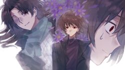  1boy black_jacket brown_hair chinese_commentary closed_mouth commentary_request expressionless flower green_scarf harada_minoru jacket long_hair male_focus multiple_views open_clothes open_jacket purple_flower purple_sweater red_eyes ribbed_sweater saibou_shinkyoku scarf short_hair smile sweat sweater turtleneck turtleneck_sweater white_sweater wide-eyed xiaolichuibaoqiezaiaaa 