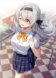  1girl alternate_costume arm_up bag black_hairband bow bowtie breast_pocket collared_shirt firefly_(honkai:_star_rail) floating_hair grey_hair hair_between_eyes hair_ornament hairband hand_up highres honkai:_star_rail honkai_(series) long_hair looking_to_the_side multicolored_eyes one_eye_closed open_mouth outdoors pocket school_bag school_uniform shirt shirt_tucked_in short_sleeves skirt smile striped_clothes striped_skirt t@ke-g white_shirt 