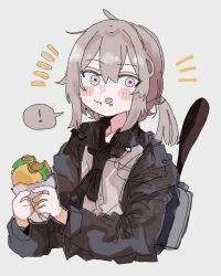  ! 1girl :t ahoge backpack bag black_neckerchief blush brown_headphones brown_jacket burger chewing cropped_torso double-parted_bangs dress_shirt food food_on_face girls_frontline grey_background grey_hair hair_between_eyes headphones headphones_around_neck highres holding holding_burger holding_food jacket long_sleeves looking_at_viewer low_ponytail m200_(girls&#039;_frontline) medium_hair neckerchief odmised open_clothes open_jacket shirt sidelocks simple_background solo speech_bubble spoken_exclamation_mark upper_body violet_eyes white_shirt 