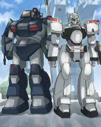  absurdres alphonse_(av-98_ingram) arm_cannon av-98_ingram blue_sky clouds commentary_request crossover dougram highres k_katora kidou_keisatsu_patlabor machinery mecha mecha_focus no_humans police police_badge radio_antenna robot science_fiction shield sketch sky taiyou_no_kiba_dougram weapon 