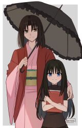  2girls black_hair black_shirt blue_eyes book highres holding holding_book holding_umbrella japanese_clothes kara_no_kyoukai kimono light_blush long_hair mother_and_daughter multiple_girls red_kimono ryougi_mana ryougi_shiki shintyoi2 shirt short_hair signature umbrella yellow_eyes 