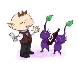  1boy alternate_costume big_nose black_bow black_bowtie black_eyes black_footwear black_pants bottle bow bowtie brown_hair buttons carrying closed_eyes closed_mouth collared_shirt colored_skin commentary_request cup dress_pants dress_shirt drinking_glass flower formal height_difference high_collar holding holding_bottle holding_cup leaf long_sleeves looking_at_another male_focus naru_(wish_field) no_mouth olimar outstretched_arm oversized_object pants pikmin_(creature) pikmin_(series) pink_nose pointy_ears purple_hair purple_pikmin purple_skin red_vest shadow shirt short_hair simple_background smile standing traditional_bowtie very_short_hair vest waiter white_background white_shirt wine_bottle wine_glass 