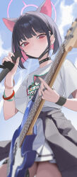  1girl absurdres animal_ears black_choker black_hair blue_archive blue_sky blurry blush bracelet cat_ears cat_girl choker closed_mouth clouds cloudy_sky colored_inner_hair commentary_request earrings electric_guitar extra_ears guitar highres instrument jewelry jinsei_tsuraiman kazusa_(band)_(blue_archive) kazusa_(blue_archive) looking_at_viewer multicolored_hair multiple_bracelets multiple_rings pink_eyes pink_hair playing_guitar ring shirt short_hair short_sleeves sky solo stud_earrings thumb_ring white_shirt 