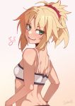  1girl :d back bandeau bangs bare_arms bare_shoulders blonde_hair blush breasts darahan dimples_of_venus eighth_note eyebrows_visible_through_hair fate/grand_order fate_(series) from_behind gradient gradient_background green_eyes hair_ornament hair_scrunchie long_hair looking_at_viewer looking_back mordred_(fate) mordred_(fate)_(all) musical_note open_mouth pink_background ponytail scrunchie sidelocks signature small_breasts smile solo upper_body upper_teeth 
