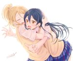  2girls artist_name ayase_eli blonde_hair blue_hair blue_skirt blush closed_eyes hug long_hair love_live! love_live!_school_idol_project multiple_girls open_mouth otonokizaka_school_uniform ponytail school_uniform scrunchie short_sleeves simple_background skirt sonoda_umi suito sweater_vest white_background white_scrunchie yellow_eyes 