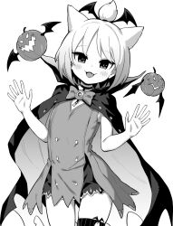  azur_lane azur_lane:_slow_ahead bat_wings black_cape cape dress fang greyscale halloween_costume hori_(hori_no_su) looking_at_viewer monochrome official_alternate_costume short_dress short_hair shouhou_(azur_lane) shouhou_(patrolling_witch)_(azur_lane) simple_background sleeveless sleeveless_dress white_background white_hair wing_hair_ornament wings 