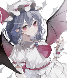  1girl ascot bat_wings blue_hair brooch clock fangs fingernails frilled_shirt_collar frilled_wristband frills hair_between_eyes hat highres holding_clock jewelry looking_at_viewer medium_hair mob_cap nail_polish puffy_short_sleeves puffy_sleeves red_ascot red_eyes remilia_scarlet short_sleeves skin_fangs skirt skirt_set solo touhou twitter_username upper_body uzmee white_background wings 