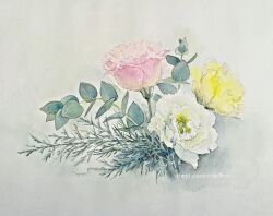  artist_name english_text eustoma flower flower_focus herb highres leaf no_humans nori02222 original painting_(medium) pink_flower plant plant_focus still_life traditional_media watercolor_(medium) white_background white_flower yellow_flower 