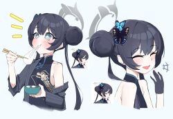  1girl black_dress black_gloves black_hair blue_archive blue_background blush bowl butterfly_hair_ornament chopsticks closed_eyes dress eating food gen_(unzzenasd) gloves grey_eyes grey_halo hair_bun hair_ornament half_gloves halo highres holding holding_bowl holding_chopsticks kisaki_(blue_archive) long_hair mochi multiple_views open_mouth simple_background single_hair_bun sleeveless sleeveless_dress smile striped_suit suit upper_body 