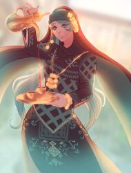  1girl absurdres annicadraws aqua_eyes arabian_clothes blurry blurry_background bracelet contrapposto cup green_hair hatsune_miku head_scarf headband highres holding holding_tray jewelry long_hair looking_at_viewer pouring pursed_lips solo standing teacup teapot tray vocaloid worldwide_miku 