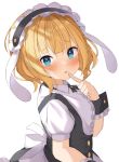  1girl animal_ears apron bangs blonde_hair blue_eyes blush bolo_tie breasts center_frills collared_shirt commentary_request eyebrows_visible_through_hair fake_animal_ears finger_to_mouth fleur_de_lapin_uniform floppy_ears frilled_hairband frills from_side gochuumon_wa_usagi_desu_ka? hairband index_finger_raised kirima_sharo looking_at_viewer medium_breasts open_mouth rabbit_ears raru0310 shirt short_hair short_sleeves simple_background solo upper_body waist_apron white_background white_shirt wing_collar wrist_cuffs 