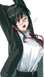  1girl anosillus_ii black_hair breasts earrings fang formal glasses gridman_universe gridman_universe_(film) highres jacket jewelry long_hair name_tag necktie one_eye_closed red_eyes risyo shirt smile solo ssss.dynazenon suit upper_body yawning zooming_in 