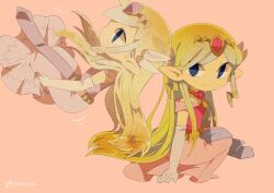  1girl artist_name belt blonde_hair blue_eyes blush dress floating_hair gloves jewelry long_dress long_hair multicolored_hair multiple_views necklace parted_lips pink_dress pointy_ears princess_zelda the_legend_of_zelda the_legend_of_zelda:_spirit_tracks the_legend_of_zelda:_the_wind_waker tokuura toon_zelda 