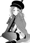  1girl absurdres baburo cape feet_out_of_frame from_side gloves greyscale gun hat highres hiura_akane holding holding_gun holding_weapon knee_up long_hair looking_at_viewer messy_hair monochrome pantyhose rifle simple_background sitting smile solo tears uniform wariza weapon world_trigger 