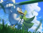  bird clouds commentary_request day from_below gen_8_pokemon grass holding holding_weapon no_humans open_mouth outdoors pokemon pokemon_(creature) shield sirfetch&#039;d sky spring_onion supearibu weapon 