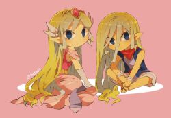  2girls alternate_hairstyle belt blue_eyes closed_mouth dress hair_down long_dress looking_at_viewer multiple_girls parted_bangs pointy_ears princess_zelda shirt simple_background sitting smile tetra the_legend_of_zelda the_legend_of_zelda:_the_wind_waker tokuura toon_zelda 