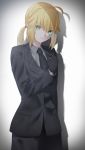  1girl ahoge artoria_pendragon_(all) blonde_hair commentary_request cowboy_shot eyebrows_visible_through_hair eyes_visible_through_hair fate/zero fate_(series) formal gloves green_eyes hair_between_eyes highres lion necktie ponytail saber shadow solo suit yamada_(yamadadesuyo212) 