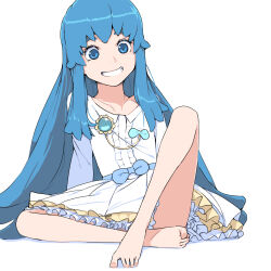  1girl akinbo_(hyouka_fuyou) bare_legs barefoot blue_eyes blue_hair collarbone dress eyebrows_hidden_by_hair grin happinesscharge_precure! highres layered_dress long_hair precure shirayuki_hime short_dress simple_background sitting sketch smile solo straight_hair very_long_hair white_background white_dress 