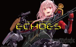  1girl bangs bob_(biyonbiyon) eyebrows_visible_through_hair girls_frontline hair_between_eyes headgear highres holding long_hair looking_at_viewer m4_sopmod_ii_(girls_frontline) multicolored_hair official_art open_mouth pink_hair red_eyes redhead smile solo streaked_hair 