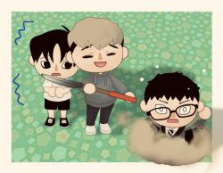  3boys animal_crossing_(style) crooked_eyewear holding holding_shovel katonist killing_stalking laughing male_focus multiple_boys oh_sangwoo shovel smile through_ground triangle_nose worried yang_seungbae yoon_bum 