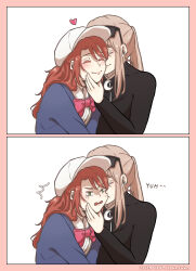  artist_name baseball_cap blonde_hair blush bodysuit bow bowtie cheryl_(girls'_frontline) closed_eyes closed_mouth commentary_request crescent dated eyewear_on_head girls_frontline green_eyes hat heads_together highres johnjohn_(johnjohn_1028) long_hair long_sleeves open_mouth pink_bow pink_bowtie redhead scar-h_(girls'_frontline) smile sunglasses yuri 