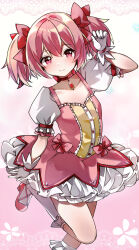  1girl bow choker collarbone dress dress_bow frilled_socks frills gloves hair_bow highres kaname_madoka kaname_madoka_(magical_girl) kneehighs looking_at_viewer magical_girl mahou_shoujo_madoka_magica mahou_shoujo_madoka_magica_(anime) pink_bow pink_choker pink_dress pink_footwear pink_gemstone pink_hair puffy_short_sleeves puffy_sleeves short_sleeves short_twintails socks solo soul_gem standing standing_on_one_leg twintails urabanasimati white_gloves white_socks 