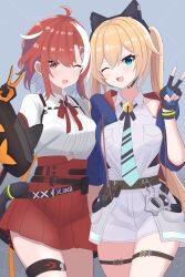  2girls absurdres aika_(strinova) animal_ears bell black_gloves blonde_hair blue_eyes blush cat_ears cuffs fake_animal_ears fake_tail fingerless_gloves gloves grey_background handcuffs highres jacket long_hair looking_at_viewer michele_(strinova) multicolored_hair multiple_girls necktie one_eye_closed open_mouth pleated_skirt red_eyes red_skirt redhead shirt shorts skirt smile strinova tail thigh_strap thighs twintails v white_shirt yojouhan_0000 