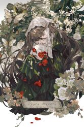  1girl absurdres black_corset black_flower black_ribbon black_rose branch brown_hair bug butterfly classic_lolita collared_dress corset dress flower frilled_dress frilled_shirt_collar frills green_dress green_eyes hair_between_eyes head_scarf heterochromia highres lace-trimmed_ribbon lace_trim leaf lolita_fashion long_dress long_hair long_sleeves looking_at_viewer own_hands_together parted_lips petals pink_flower puffy_sleeves red_eyes red_flower red_rose ribbon rose rose_petals rozen_maiden sitting skull sleeves_past_wrists smile solo suiseiseki very_long_hair white_flower white_rose youamo 