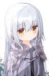  1girl bangs black_shirt blush brown_eyes closed_mouth coat commentary_request eyebrows_visible_through_hair fur-trimmed_coat fur_trim grey_coat hair_between_eyes long_hair looking_away original shirt silver_hair simple_background solo upper_body very_long_hair white_background yuuhagi_(amaretto-no-natsu) 