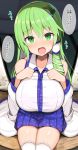  1girl blush breasts commentary_request detached_sleeves eyebrows_visible_through_hair frog_hair_ornament green_eyes green_hair hair_ornament highres jakko kochiya_sanae large_breasts long_hair looking_at_viewer open_mouth sitting snake_hair_ornament solo speech_bubble tears thigh-highs thighs touhou translation_request white_legwear 