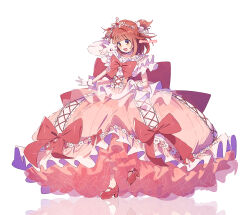  1girl 1other :d akino_kaede blush dress frilled_dress frills gloves magia_record:_mahou_shoujo_madoka_magica_gaiden mahou_shoujo_madoka_magica orange_eyes paru_rari puffy_sleeves red_eyes red_footwear redhead reflection shoes small_kyubey smile standing tiara twitter_username white_background 