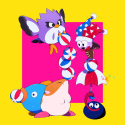  balancing_on_nose ball beachball beak brown_footwear colored_skin coo_(kirby) fangs fish gooey_(kirby) hamster hat highres jester_cap kanianoreki kine_(kirby) kirby:_star_allies kirby_(series) marx_(kirby) no_humans pom_pom_(clothes) purple_skin rick_(kirby) star_(symbol) tongue tongue_out umbrella wall-eyed wings 