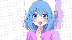  1girl animal_ear_fluff animal_ears blue_eyes blue_hair candy commentary dot_nose food grid_background hair_ribbon highres holding holding_candy holding_food indie_virtual_youtuber light_blush looking_at_viewer pale_skin ribbon short_hair side_ponytail sticker symbol-only_commentary virtual_youtuber wolf_ears wolfychu wolfychu_(artist) 